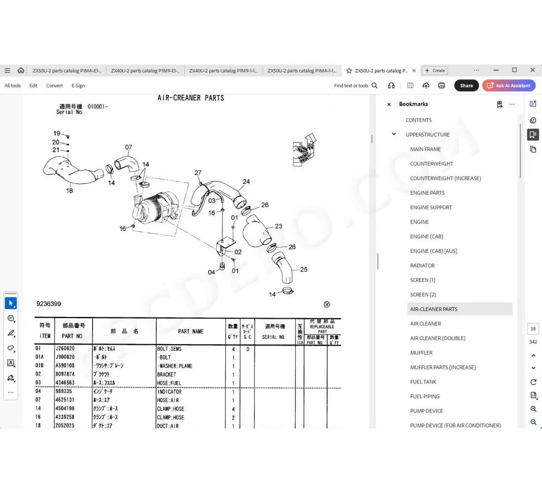 Hitachi excavator Zaxis ZX40U-2 ZX50U-2 parts + service manual